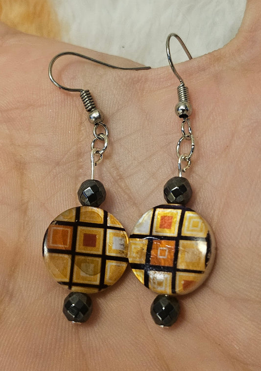 2" Checkered Abolone/Hematite Earrings