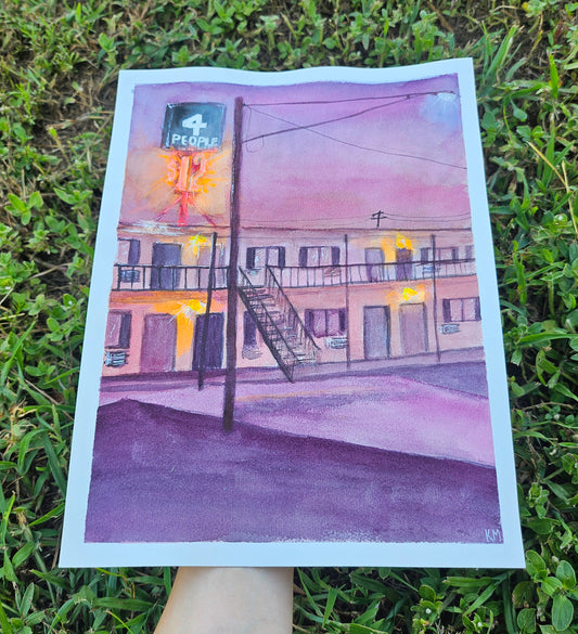 Motel Late Nights 9x12 watercolor