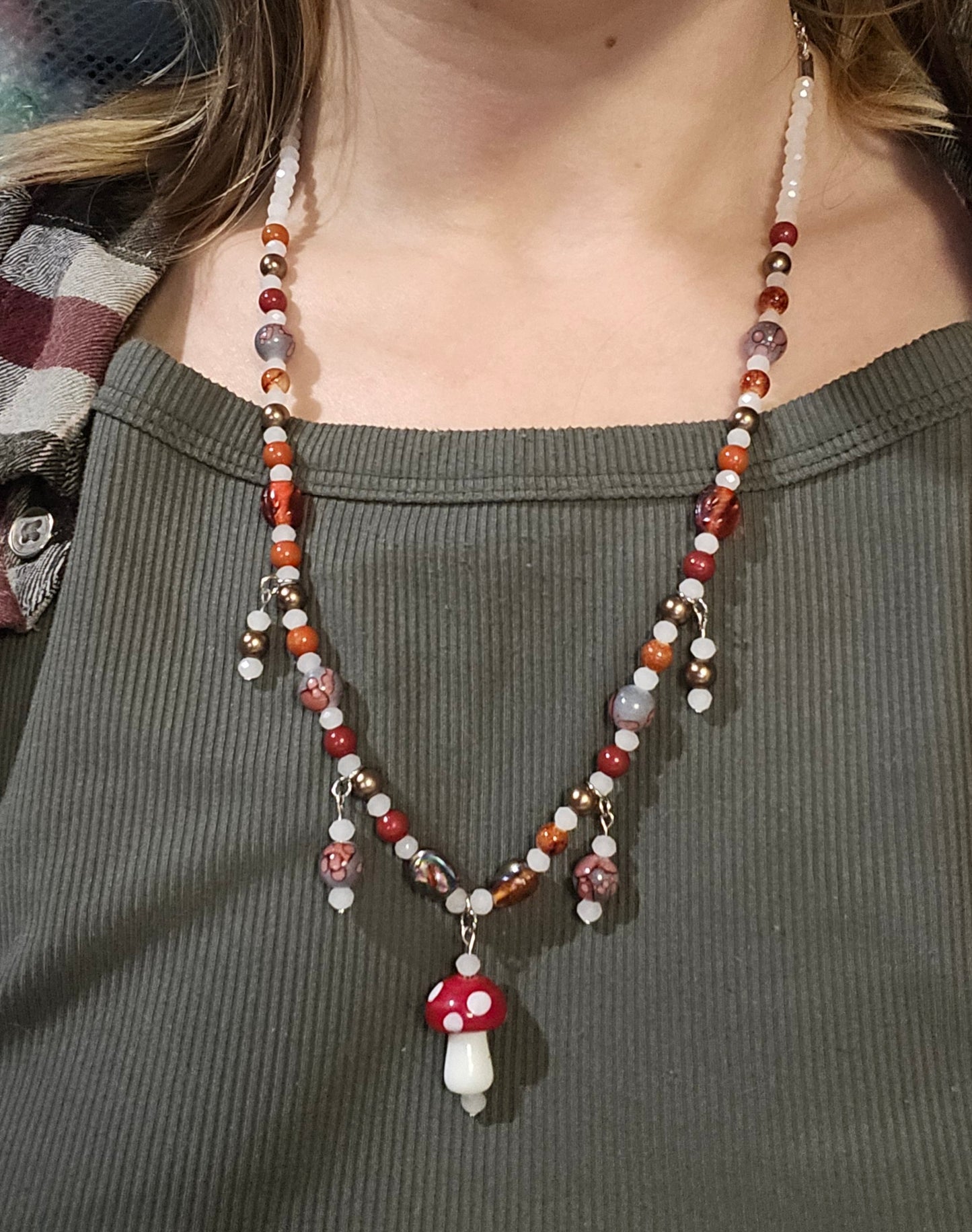 11" Red Mushroom Beaded Necklace