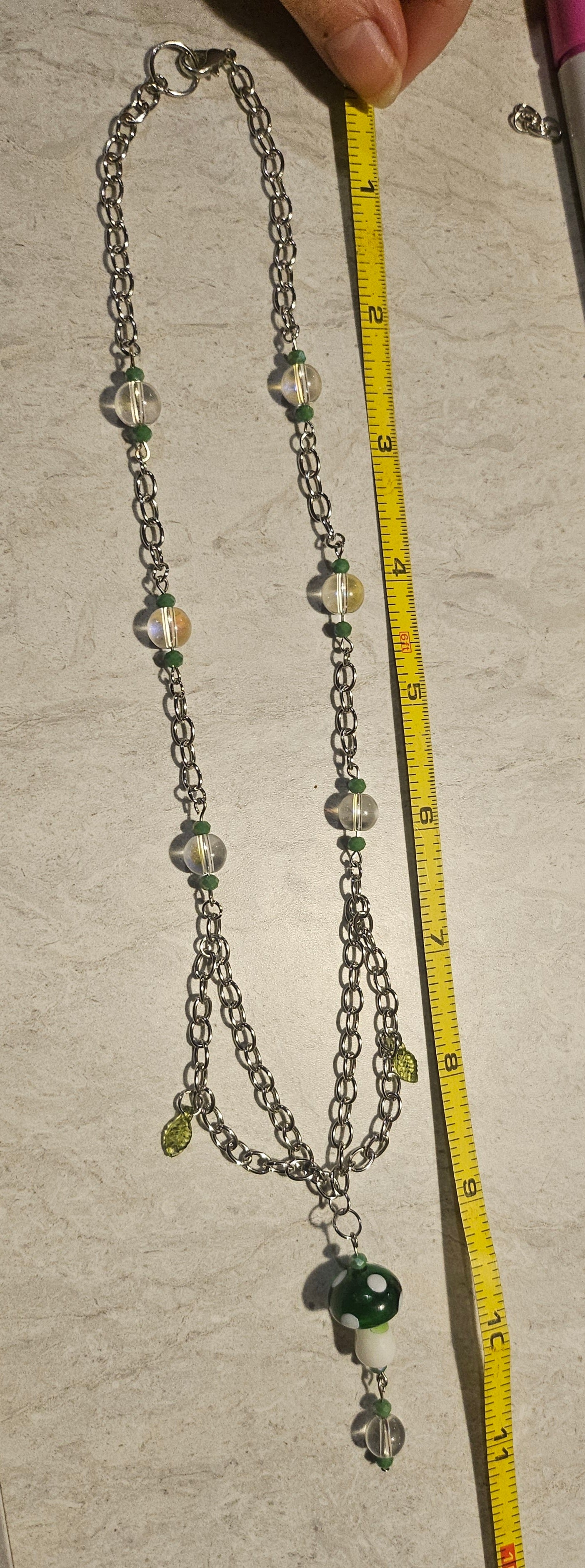 11" Forest Green Mushroom Dangly Necklace