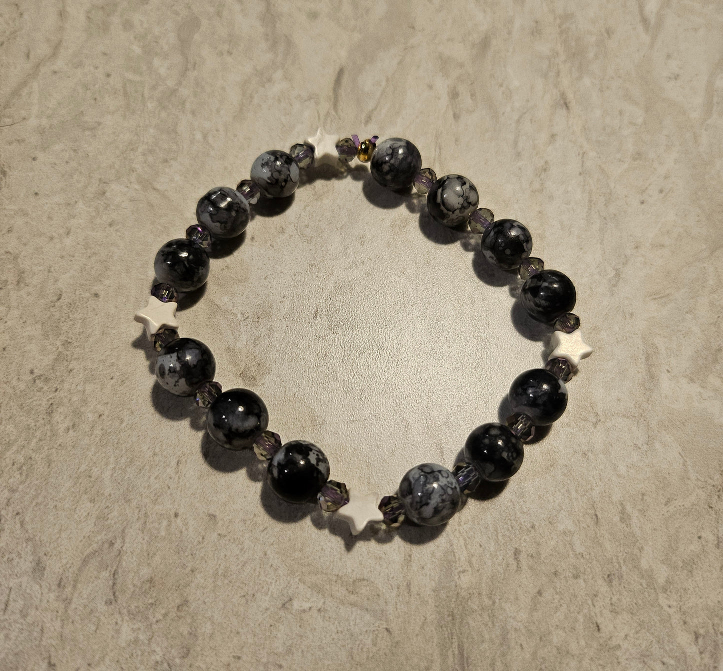 Howlite Stars/Glass Black Beads 6-7" Stretchy Bracelet