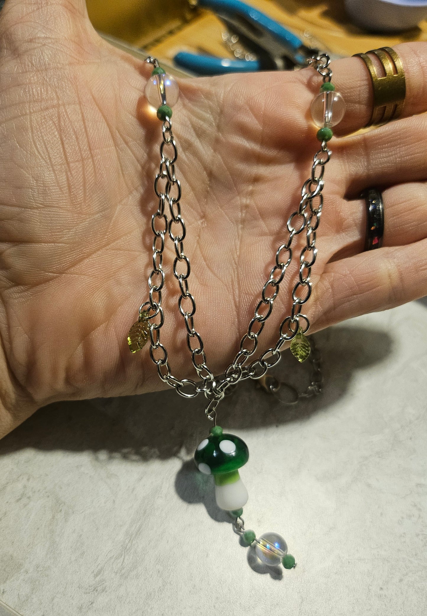 11" Forest Green Mushroom Dangly Necklace