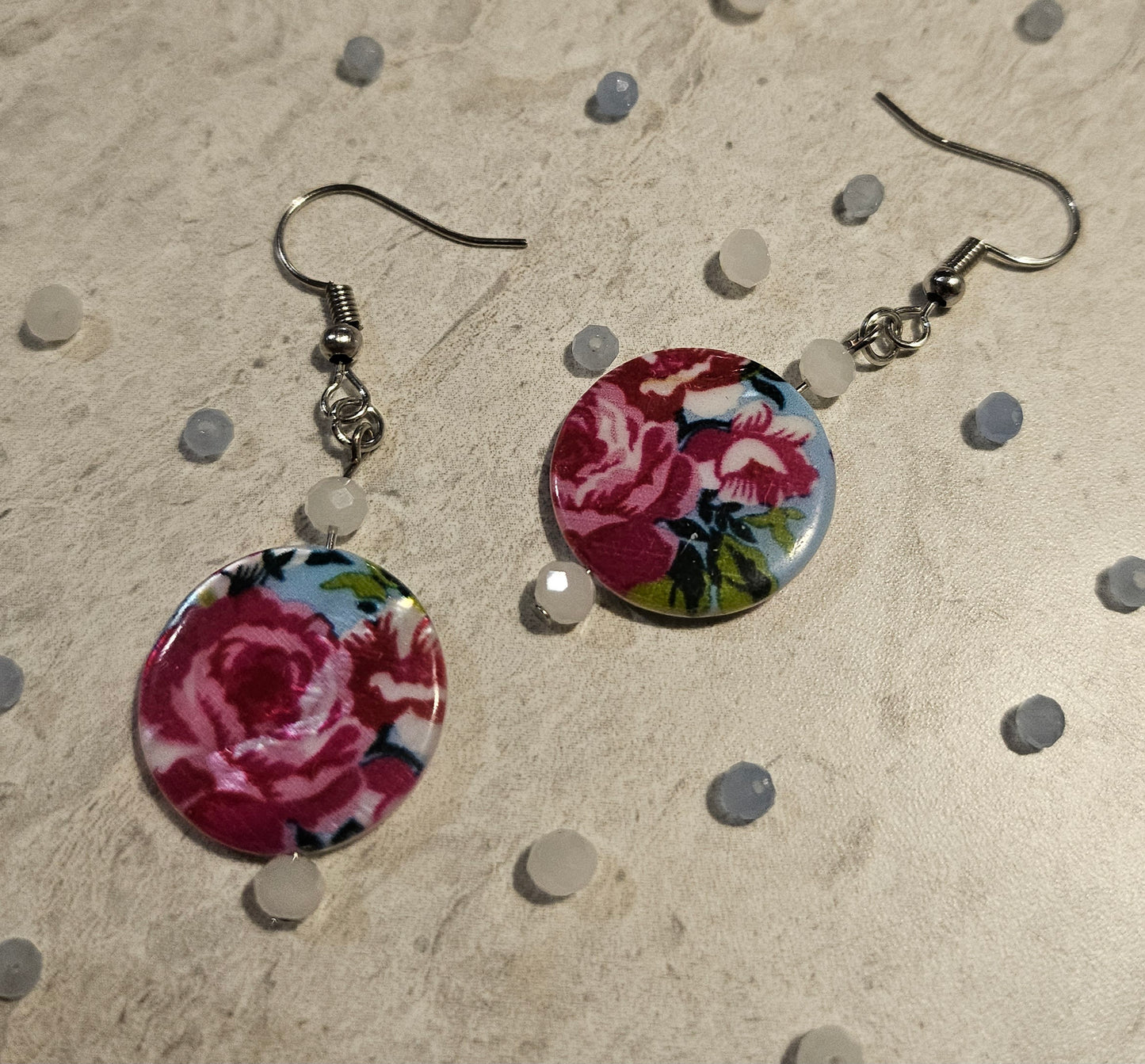 2" Rose Disk Earrings/White