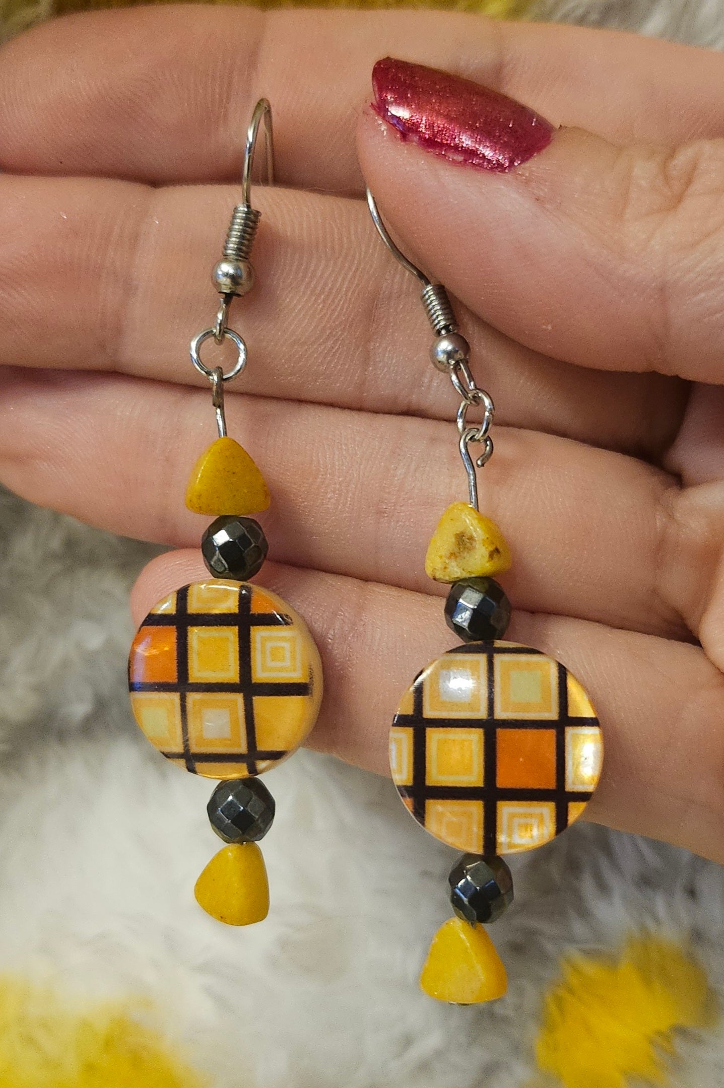 2.5" Hematite/Agate Checkered Earrings