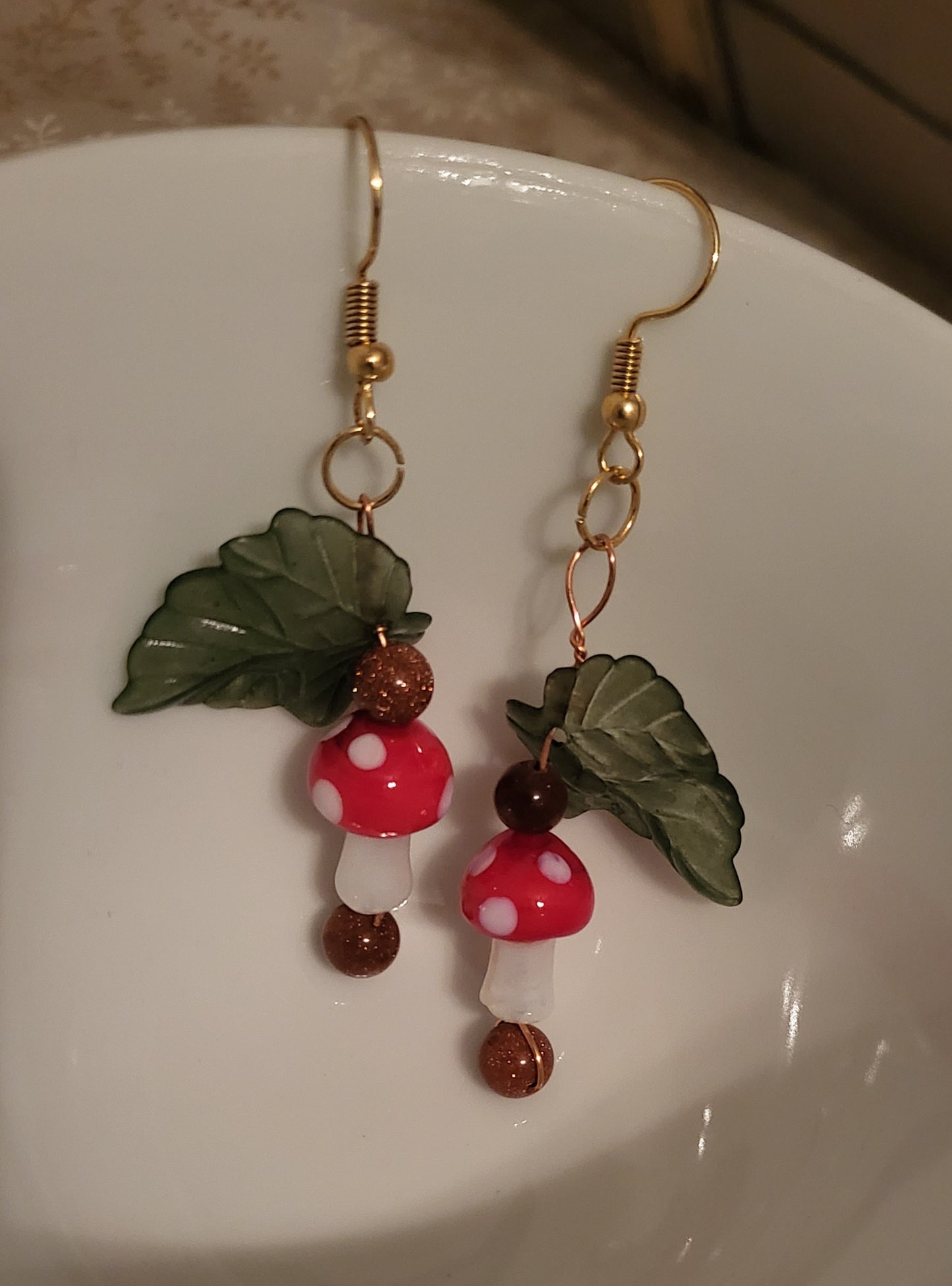 Red Mushroom and Goldstone Dangly Earrings