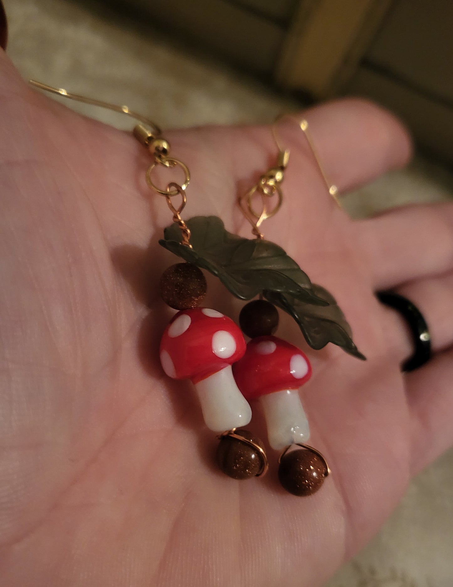 Red Mushroom and Goldstone Dangly Earrings