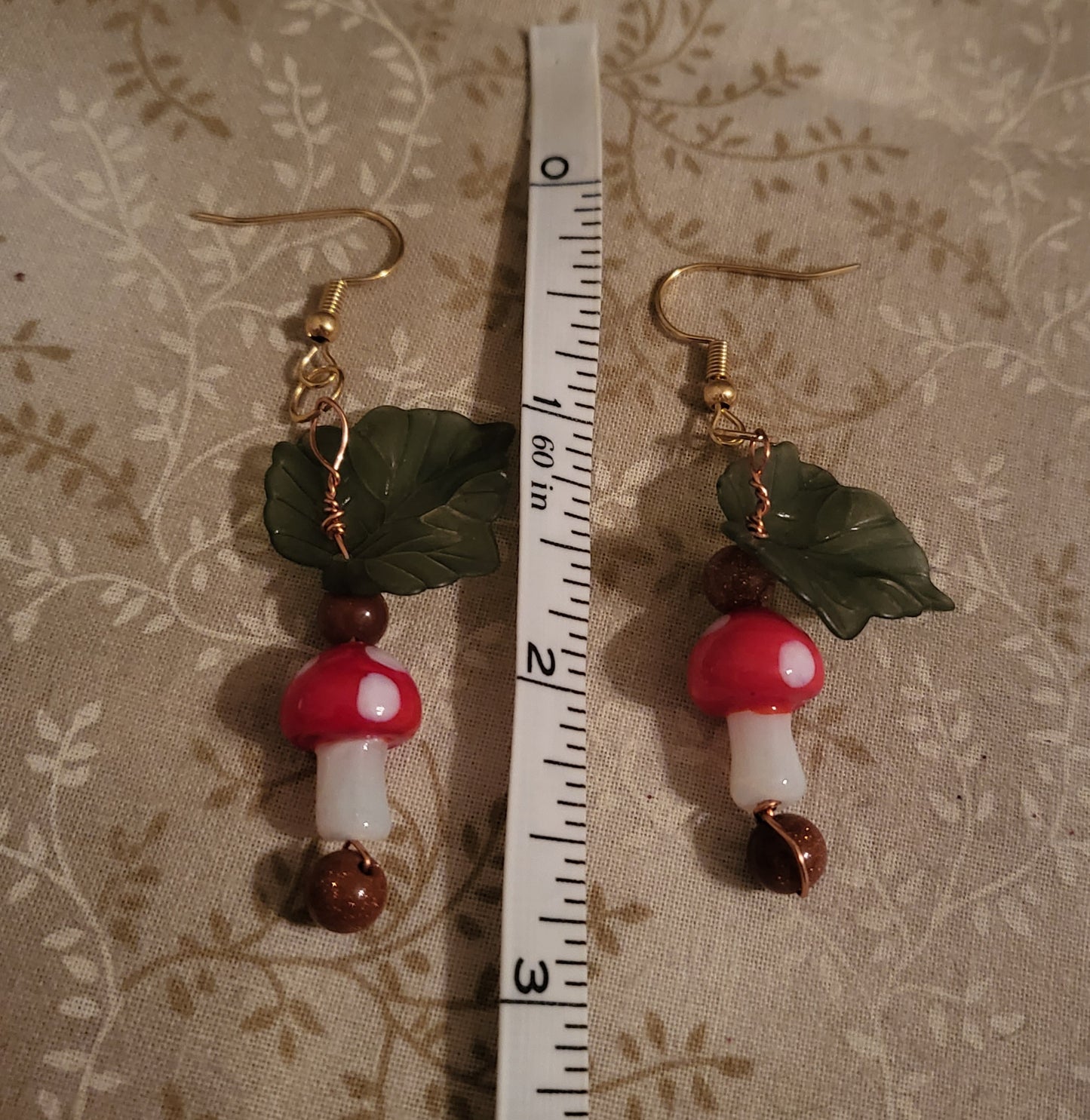 Red Mushroom and Goldstone Dangly Earrings