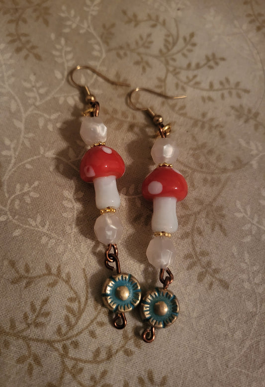 Red Mushroom Dangly Earrings