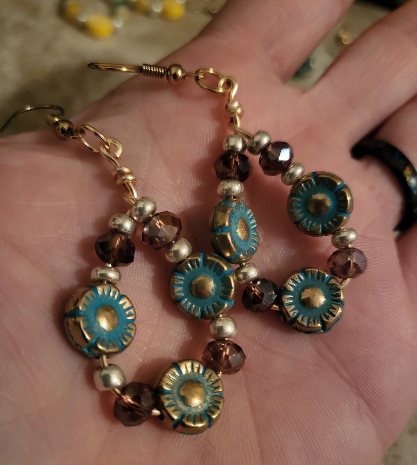 Triple Teal Flower Earrings