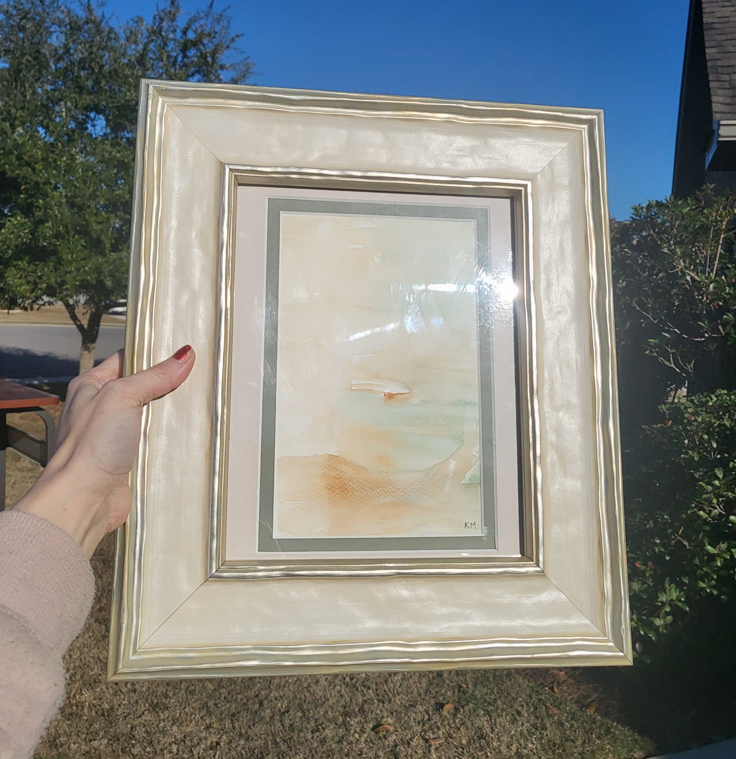 Wine Glass and Abstract Framed Watercolors