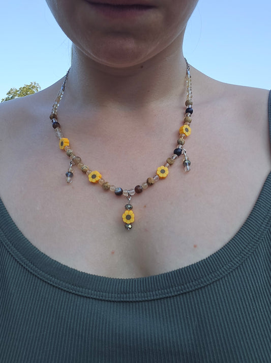 Citrine and Agate Sunflower 10" Necklace