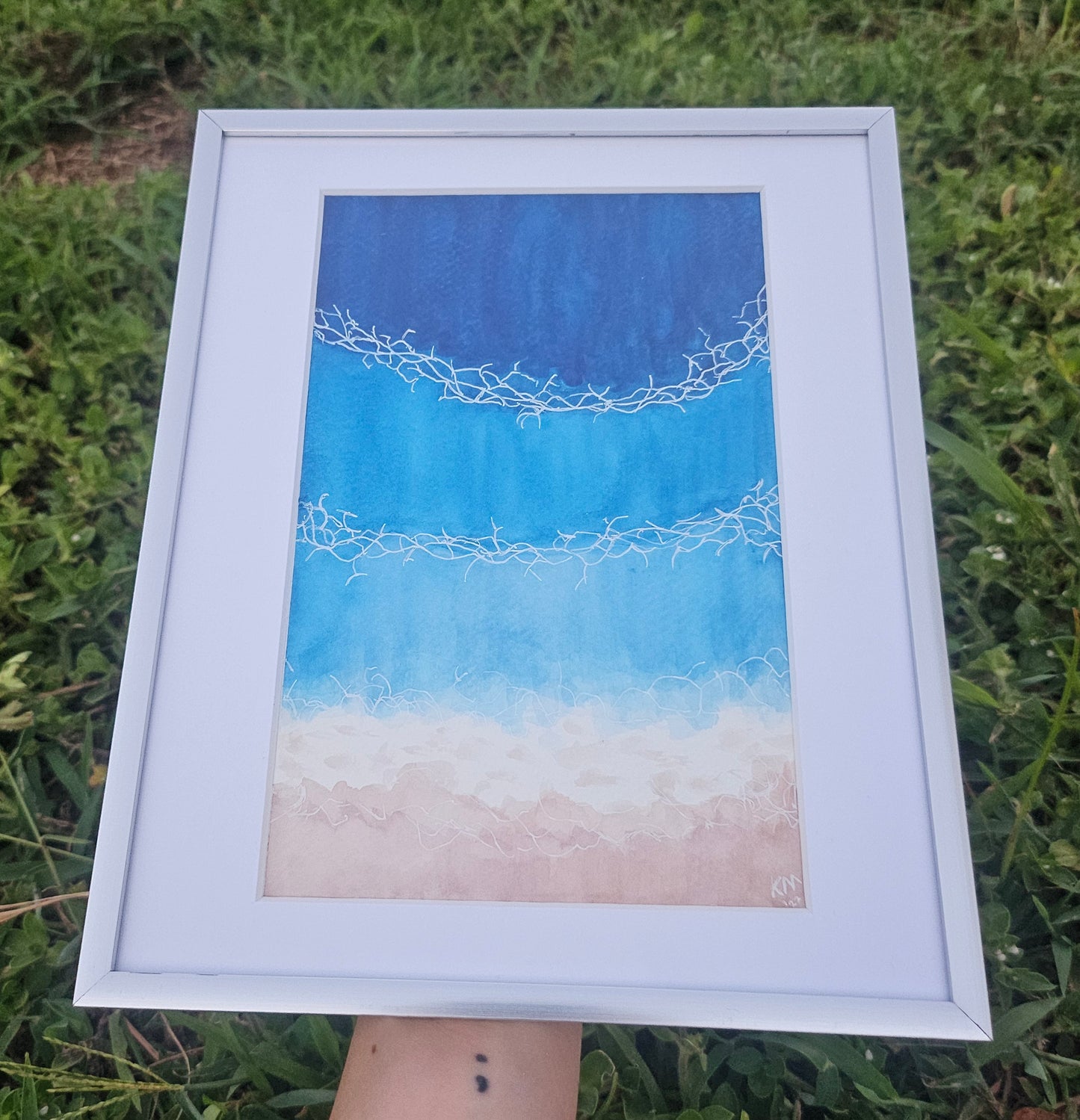 Blue Waves Watercolor Gold frame