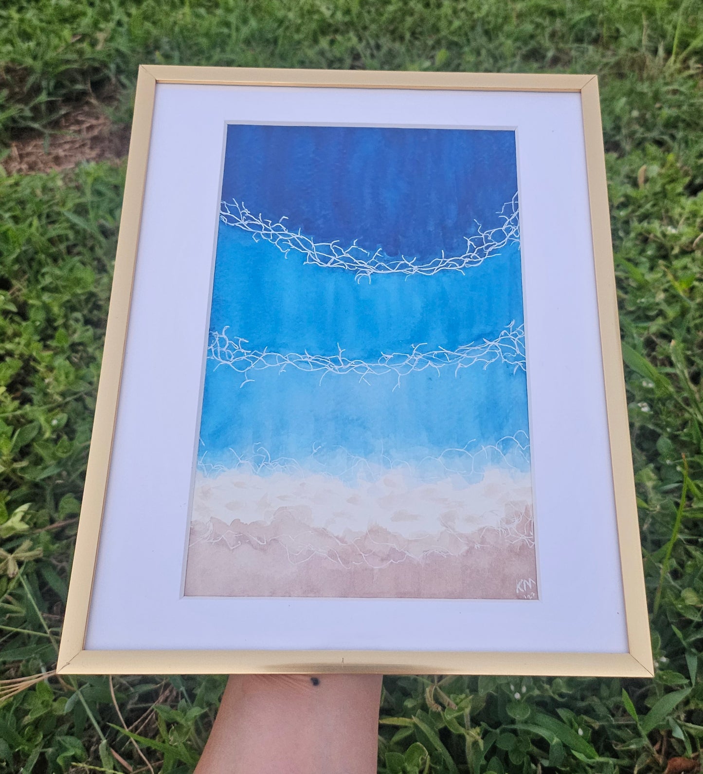 Blue Waves Watercolor Gold frame