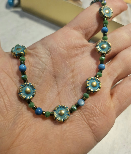 Patina'ed Daisy and Blue Cat's Eye Beaded Necklace