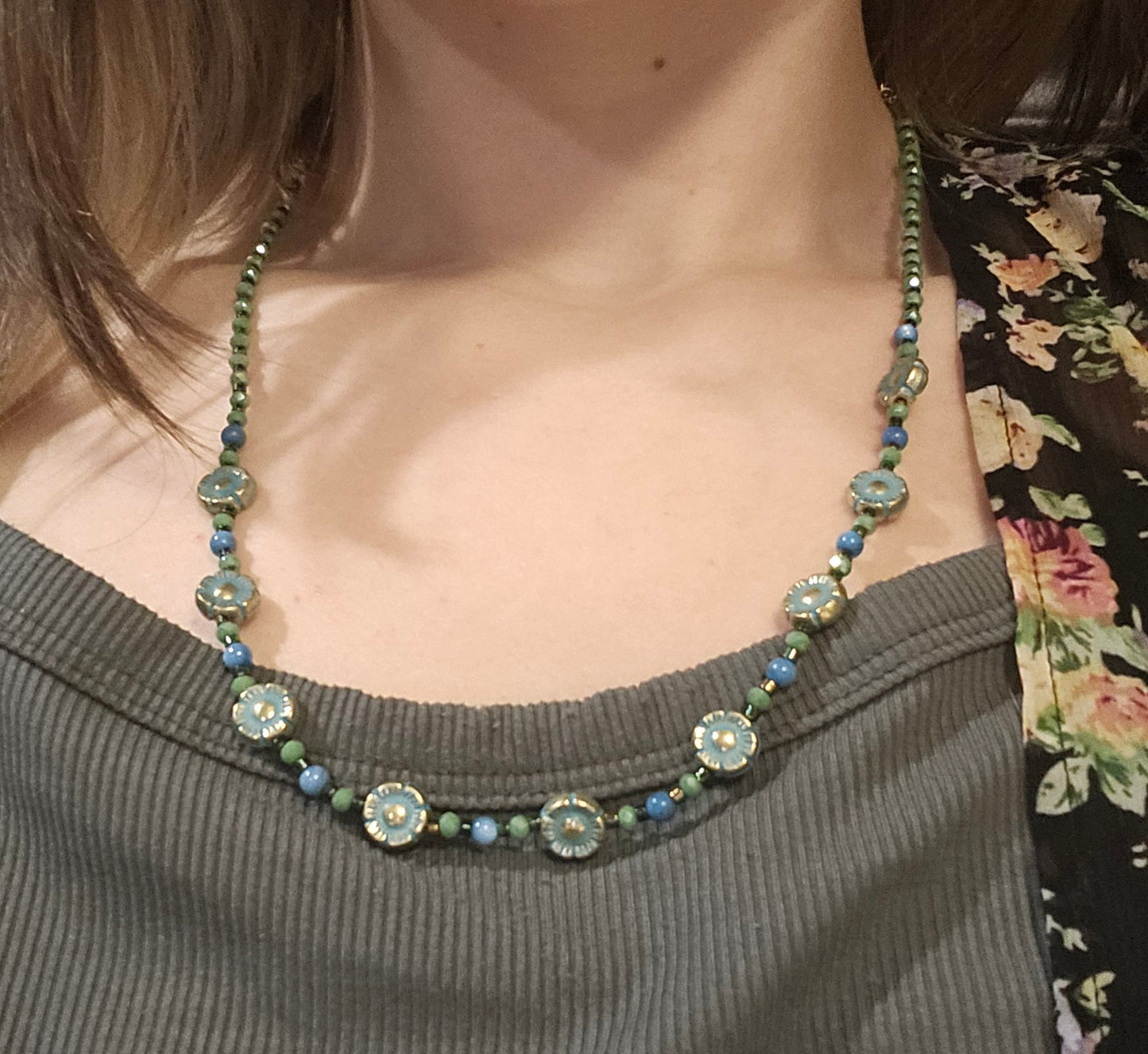 Patina'ed Daisy and Blue Cat's Eye Beaded Necklace
