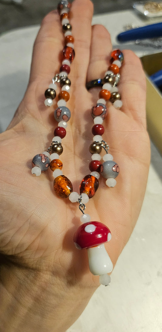 11" Red Mushroom Beaded Necklace