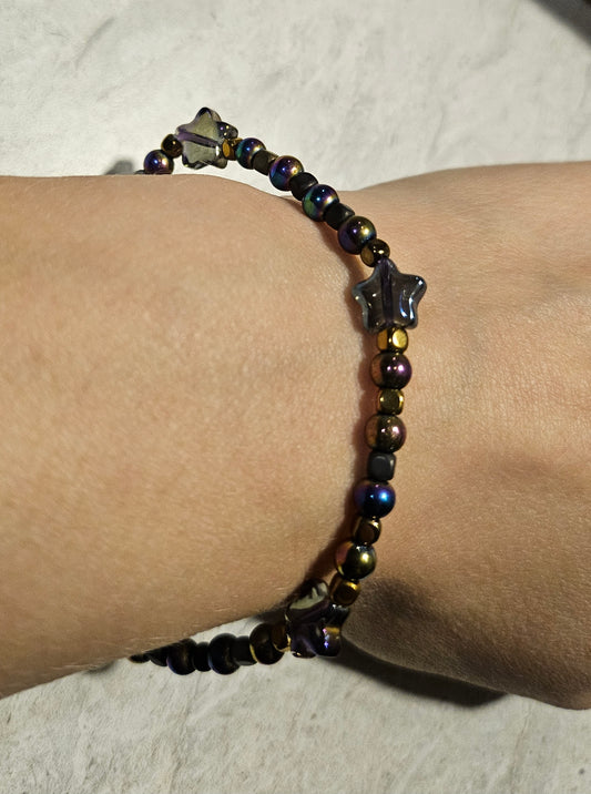 Purple Iridescent Star Bracelet 7" Stretchy Bracelet