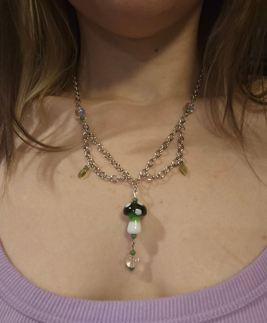 11" Forest Green Mushroom Dangly Necklace