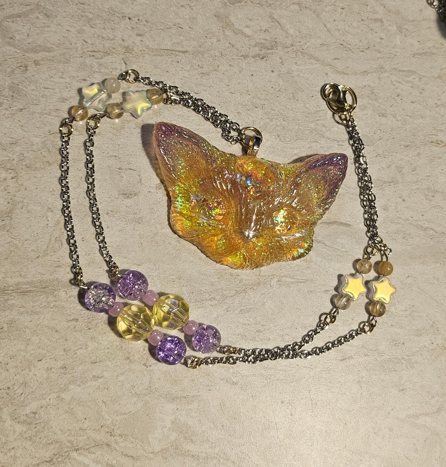 13" Odd Kitty Purple/Yellow Necklace