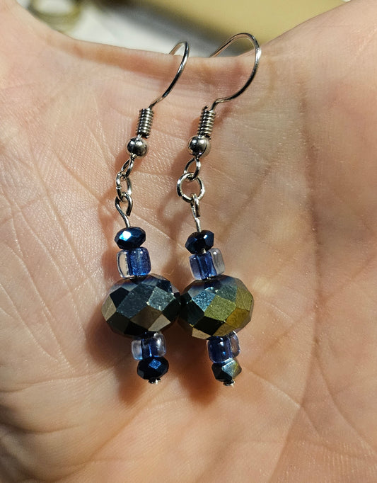 2" Iridescent Blue Glass Bead Earrings