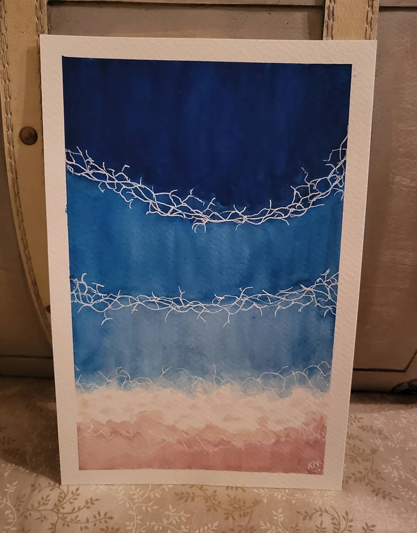 Blue Waves Watercolor Gold frame